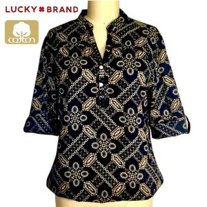Lucky Brand 100% Cotton Boho Print Top Navy Beige Button Front Size Small